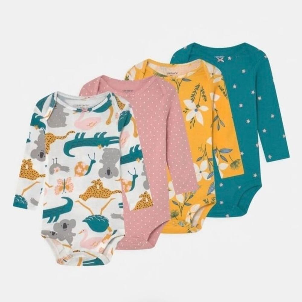 4-Pack long sleeve Bodysuits 100% cotton - Baby Girl 18M